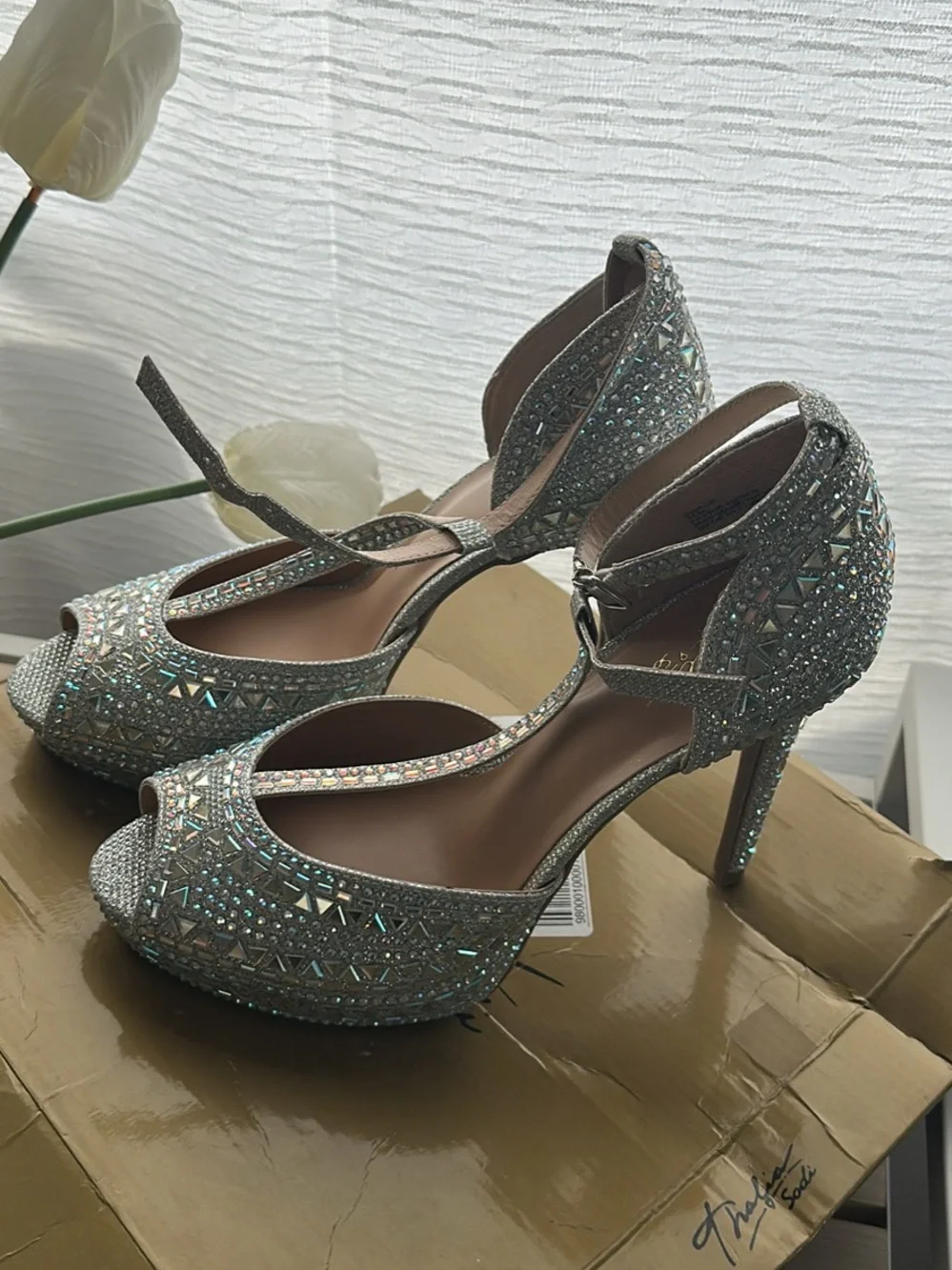 Thalia Sodi Silver Crystal T-Strap Heels
